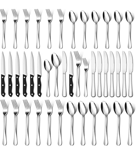 Sabary 40 Pcs Handle Silverware Stainless Steel Sets For 8 Flatware Cutlery With Colored Handles 8 Dinner Knife, 8 Dinner Fork, 8 Salad Fork, 8 Dinner Spoon, 8 Dessert Spoon For Home(Red - View #14