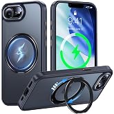 iPhone 17e / 16e 用 ケース Magsafe対応 360°回転スタンド Uovon ワイヤレス充電 ストラップ穴付き・ブラック | アイフォン17e カバー マグセーフ マグネット 車載ホルダー 縦横多角度 対応 アイホン16e スマ