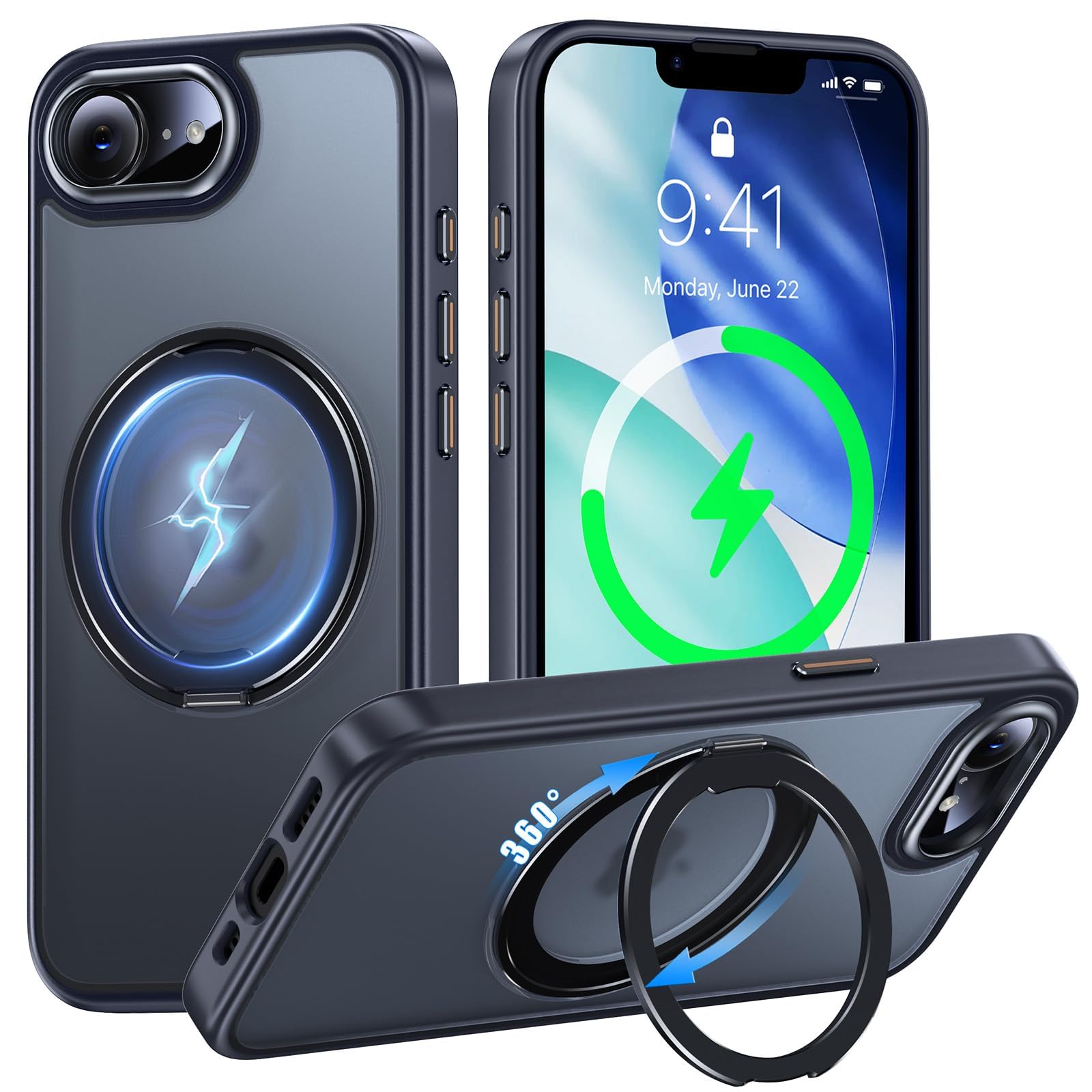 iPhone 17e / 16e 用 ケース Magsafe対応 360°回転スタンド Uovon ワイヤレス充電 ストラップ穴付き・ブラック | アイフォン17e カバー マグセーフ マグネット 車載ホルダー 縦横多角度 対応 アイホン16e スマ