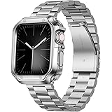 コンパチブル Apple Watch バンド 42mm 44mm 45mm シルバーマットステンレス鋼時計ベルト コンパチブル アップルウォッチバンド ポリッシュ仕上げTPUウォッチケースストラップ iWatch Series 9/8/7/SE2/S