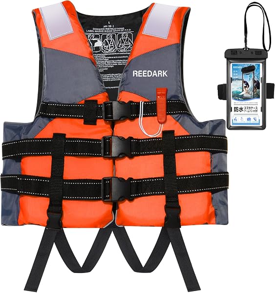 Reedark ライフジャケット 新型 釣り 大人用 子供用 フィッシングベスト 呼び子付き 救命胴衣 フローティングベスト+スマホ防水ケースセット 災害用 水泳 海水浴 緊急用 CE認証取得済 (5色&4サイズ)) - 1