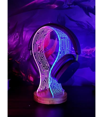ヘッドフォンスタンド 木製ヘッドセットホルダー ブルーピンクLEDナイトライト ヘッドフォンスタンド 木製ヘッドセットホルダー ブルーピンク