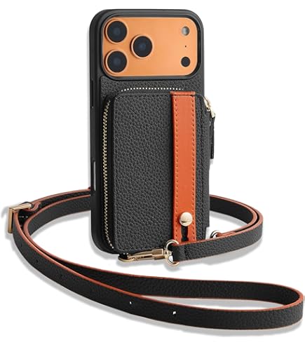 LAMEEKU For IPhone 15 Pro Max Wallet Case, Zipper Leather Card Slots Crossbody Case With Phone Grip Holder Stand Wrist Strap Lanyard For Women For IPhone 15 Pro Max 6.7 Inch