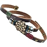 Multilayer Leather Personality Hematite Lucky Lotus Flower Snap Button Wrap Bracelet