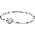 Pandora Jewelry Moments Sparkling Heart Clasp Snake Chain Charm Cubic Zirconia Bracelet in Sterling Silver