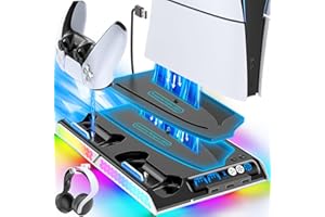 【PS5/新型 PS5 Slim対応】新型 PS5 Slim 縦置き 冷却 スタンド 自動/手動モードで風速調整 PS5 コントローラー 充電器 2台同時充電 充電指示ランプ付 モード選択可能RGBライト 2つ隠しケーブル PS5/PS5スリム通常版