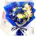 YOBANSA LED クリスマスプレゼント 熊君と花嬢ちゃん くま束 バラ 造花 ソープフラワー ギフト 人気 新年 お祝いカード付き (LED青)