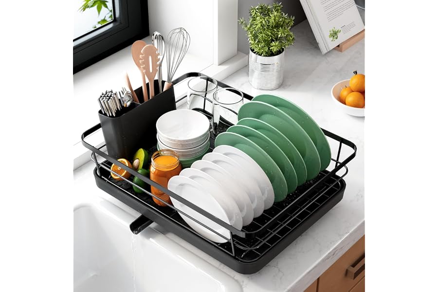 Kitsure Dish Drying Rack, Stainless Steel, Black | Kitchen Counter, Cutlery Holder, Kitchen Organisation, Space Saving, 29.0 