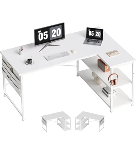 Amazon.co.jp: VECELO L字デスク パソコンデスク 幅110×奥行80cm 棚