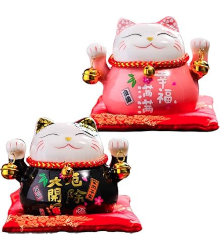 招福 大開運 招き猫 金運UP 置物 薬師窯彩絵　招き猫(ちりめん首輪　8.5号 薬師窯 光堂作 彩絵招福大開運招き猫（ちりめん首輪付・8．5号