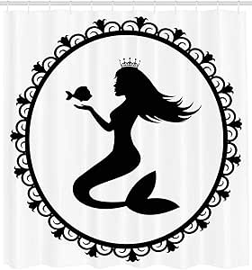Amazon Co Jp Gooeoo クラウンと魚の人魚姫人魚の装飾シャワーカーテンセット浴室付属品71 W X 71 Lインチブラックホワイトとフレームの王女人魚のビンテージスタイルのグラフィックイラスト ホーム キッチン