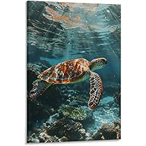 Amazon.co.jp: 絵画 海底を泳ぐ亀 アートパネル ポスター 動物