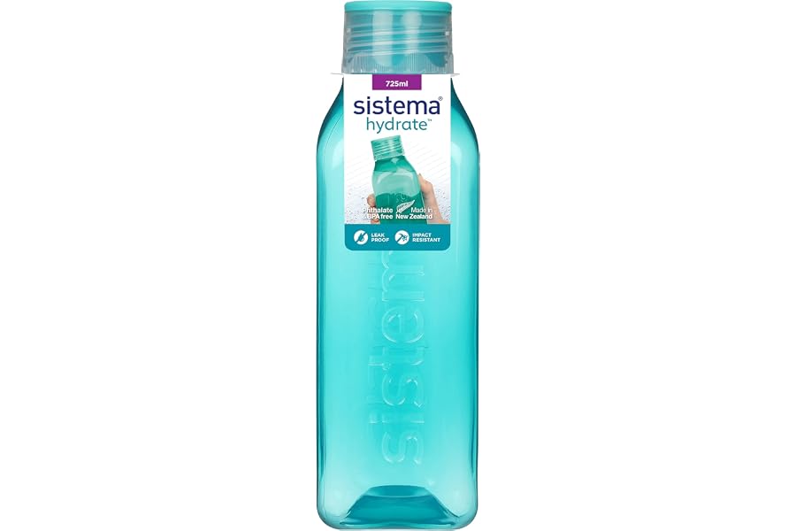 Sistema Square Water Bottle | 725 ml | BPA Free Water Bottle | Seal Tight Lid | Easy Grip Sides | Assorted Colours