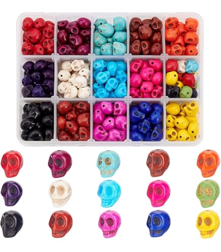 PandaHall 150 Piece Skull Head Spacer Beads - 10 Color Turquoise Dyed Skull Charms For Jewelry Making