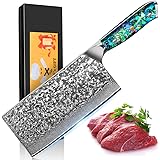 7 Inch Meat Cleaver Japanese Damascus Steel Kitchen Chef's Knife Razor Sharp Butcher Knife with Ergonomic Natural Resin Handl