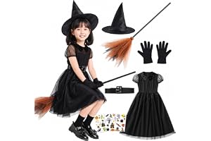 [COZENRE] ハロウィン コスプレ 子供 魔女 女の子 8点セット 魔女 コスプレ 子供 キッズ 仮装 衣装 黒 ワンピース 帽子 ベルト 手袋 ほうき シール3枚 魔法使い コスチューム かわいい ハロウィン パーティー イベント 発表会 撮影