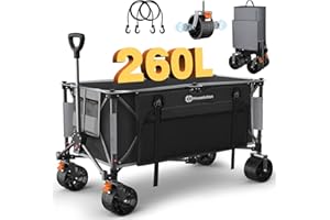 キャリーワゴン【ブレーキ付き】Housolution 大容量260L 耐荷重200kg アウトドアワゴン 折り畳み式キャンプカート ワンタッチ収束式 自立収納 静音 キャンプ/砂浜/釣り/引越し/買い物/ゴミ出し 収納カバー付き