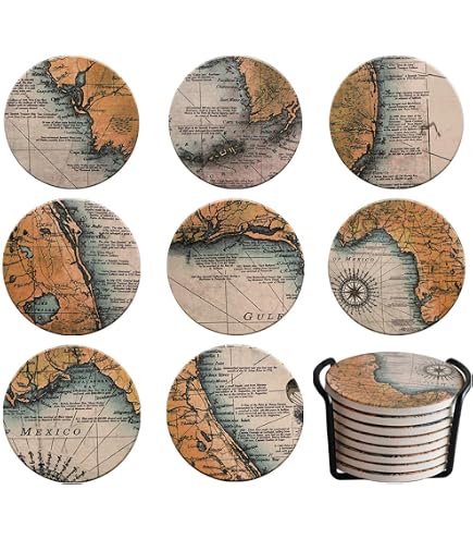 AS285 Sottobicchieri Assorbenti In Pietra – Mappe Antiche, Set Di 4 Da 10,2 Cm