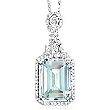 Gem Stone King 925 Sterling Silver Sky Blue Simulated Aquamarine Pendant Necklace For Women (7.24 Cttw, Emerald Cut 14X10MM, 