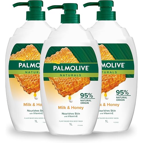 Palmolive Naturals Body Wash, Milk and Honey, Value Pack (3 x 1L) | Soap free shower gel with moisturising plant-based milk, 