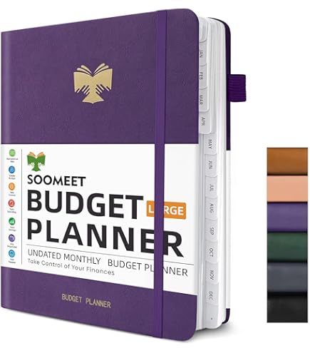 Monthly Budget Planner Notebook With Pockets - Undated Bill Organizer & Expense Tracker, Large 8"x9.5", Black