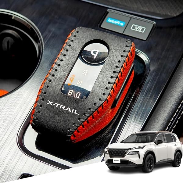 Hearsheng 日産 新型エクストレイル T33 SNT33 T33系(2022年7月~)専用本革材質シフトノブカバー 内装カスタムパーツ アクセサリー爪キズ防止 取り付け簡単 車種専用設計(ブラック+レッド) - 1