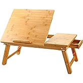 Laptop Desk Nnewvante Table Adjustable 100% Bamboo Foldable Breakfast Serving Bed Tray w' Tilting Top Drawer