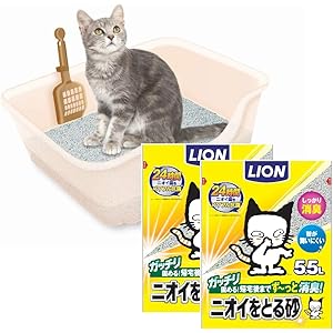 【Amazon.co.jp限定】 獣医師開発 ニオイをとる砂専用 猫トイレ + ニオイをとる砂 猫砂 5.5L×2袋 猫用トイレ本体