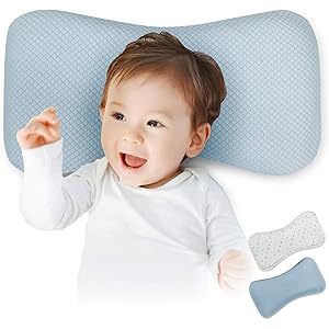 HUGmeee ベビーまくら 新生児 ベビー枕 赤ちゃん 絶壁防止 向き癖防止枕 低反発ピロー 頭の形が良くなる 綿100% 替えカバー付き 国内安全検査済み (ブルー(北欧柄ツリーカバー付き))