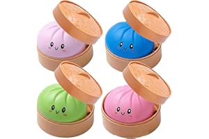 Dumpling Squishies Toy, Giant Glitter Dumpling, Colorful Dumplings Stress Balls Fidget Sensory Toy,Squeeze Dough Ball Stress Relief Hand Toys with Food Steamer Stretchy (Pink Purple Green Blue)