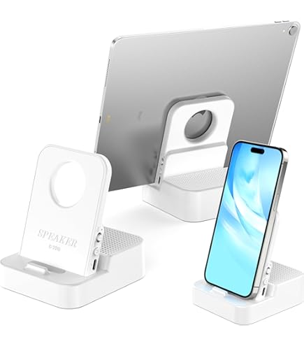 ① ワイヤレス誘導スピーカー　ホワイト　スマホホルダー　LEDライト付き　未使用 ① ワイヤレス誘導スピーカー ホワイト スマホホルダー LED