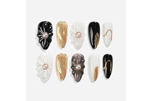 Sun&Beam Nails 手作り ネイルチップ ミディアム ロング アーモンド つけ爪 ブラック ホワイト ゴールド 3D デザイン おしゃれ 付け爪 10枚入 (#130 L)