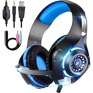 Beexcellent PC ゲーミングヘッドセット 有線 3.5mm ステレオ 騒音隔離伸縮可能マイク付 軽量 ブルー