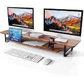 SHUWEI デスクシェルフ 2段 横幅100cm 木製天板 モニター台 卓上 下段の窪み付き スマホとタブレットの置き場 パソコン台 卓上 2台用 デスク周り収納 型番SW-ZGJ-02 (ウォルナット色, 横幅100cm)