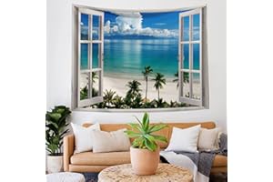 壁掛 タペストリー ビーチ ツリー 自然風景 バルコニー 窓を モチーフにし 部屋のベッドルームを飾るために使用することが (白い窓 と 海, 150 x 130cm)