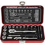 WORKPRO ソケットレンチセット ガレージツールセット ラチェットレンチ 差込角6.35mm（1/4インチ） クイックリリースラチェットハンドル 工具 道具 セット 37点組【鉄製ケース付属】