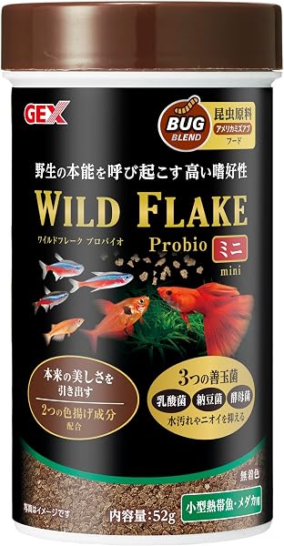 ジェックス GEX ワイルドフレークプロバイオミニ 熱帯魚・メダカ用フレークフード 昆虫原料・色揚げ成分・善玉菌配合52g - 1
