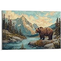 絵画アート 動物と自然の絵画 Amazon.co.jp: 絵画 深い山と古い森のクマインテリア 絵画 油絵