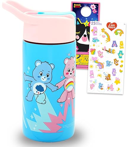 Silver Buffalo Care Bears Stainless Steel Water Bottle - 27 Oz, Blue With Cheer, Funshine & Tenderheart Bear, Includes Strap