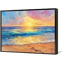 売却済み☆アクリル画 海 ビーチ 朝陽 朝焼け Beach Acrylic アートポスター トロピカルサンセット パラダイスビーチ 癒しの