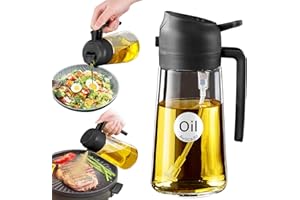 YARRAMATE 16oz/470ml Glass Olive Oil Sprayer for Cooking with Stickers, 2 in 1 Oil Dispenser for Kitchen Gadgets, Food Grade Premium Spray Bottle with Portion Control for Salad, Frying, BBQ (Black)