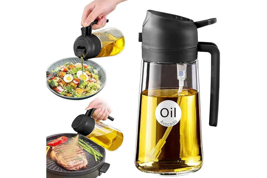 YARRAMATE 16oz/470ml Glass Olive Oil Sprayer for Cooking with Stickers, 2 in 1 Oil Dispenser for Kitchen Gadgets, Food Grade 