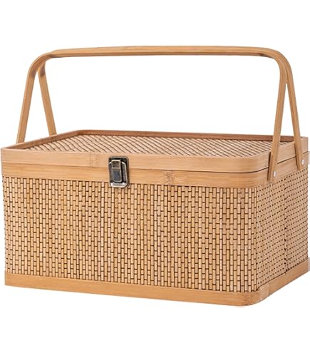Amazon｜竹ピクニックカゴ ピクニック バスケット 蓋付き 竹 スクエア