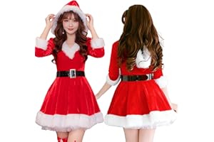 [Goreson] サンタ コスプレ Vネック セクシー 長袖 パニエ付 ふわふわ フード付き 可愛い サンタコス 衣装 サンタクロース 仮装 大きいサイズ クリスマス コスチューム ミニスカサンタ グリーン & レッド