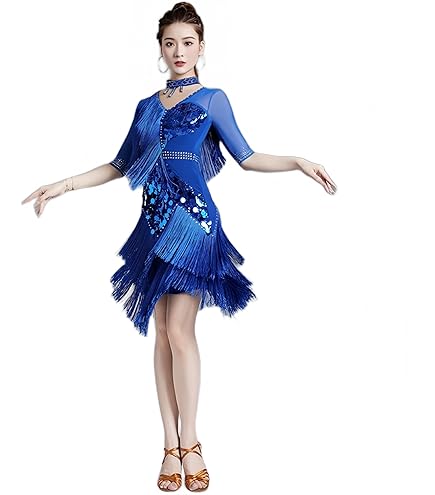 Amazon.co.jp: LNIGHT 大Vネック フリンジ 露背中 ラテンダンスドレス