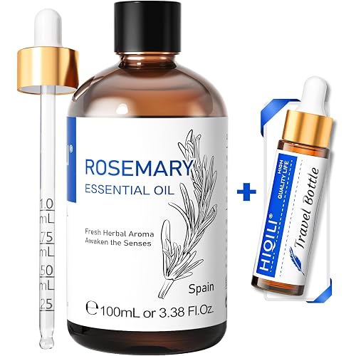 HIQILI Rosemary Essential Oil 100ml, 100% Pure Natural for Hair, Skin, Diffuser, Included a 10ml Travel Bottle