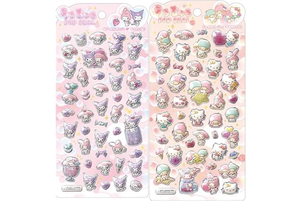 2枚セットうるちゅる ポップシール クロミ ぷっくりリトルツインスターズ/マイメロディ 子供DIY用 日記帳用 貼り付け可能 手芸用品 スマホケース 手帳 diy 贈り物 (H)