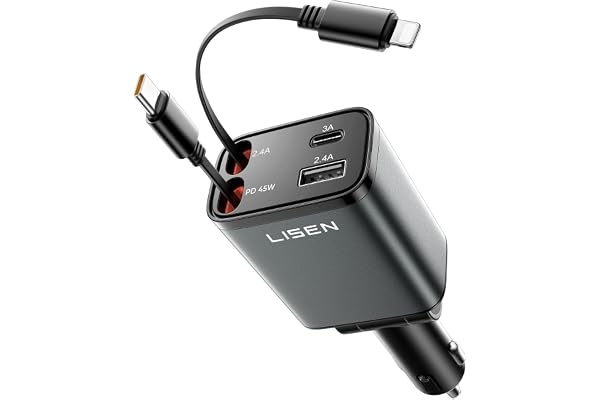 LISEN車 充電器巻き取りしがーソケット usb【2026年・69W急速充電・最小4in1】シガーソケット USB-C+USB-L 80cmケーブル | PD3.1/QC3.0/PPS対応 カー用品 便利グッズ 車内 60プリウス・デリカd5・ジム