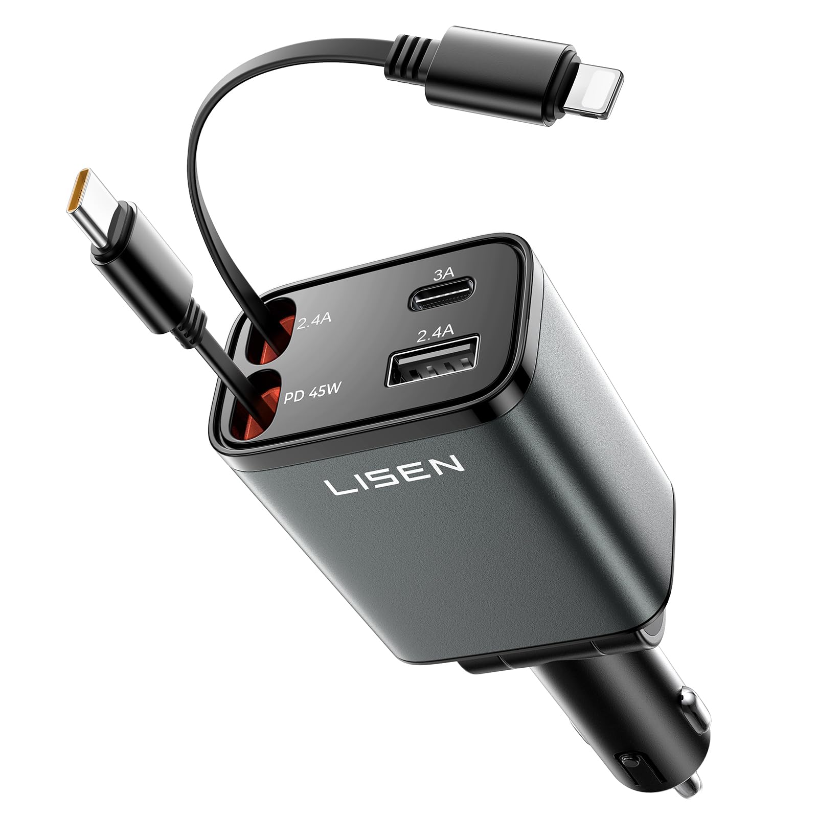 LISEN車 充電器巻き取りしがーソケット usb【2026年・69W急速充電・最小4in1】シガーソケット USB-C+USB-L 80cmケーブル | PD3.1/QC3.0/PPS対応 カー用品 便利グッズ 車内 60プリウス・デリカd5・ジム
