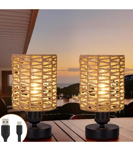 LUSHARBOR Rattan Table Lamp - Battery Operated, Cordless With Timer, Boho Decor, 5.9x7.5 Inches - View #5